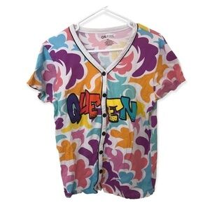 3/$15 on fire multi color queen logo baseball button down  shirt
